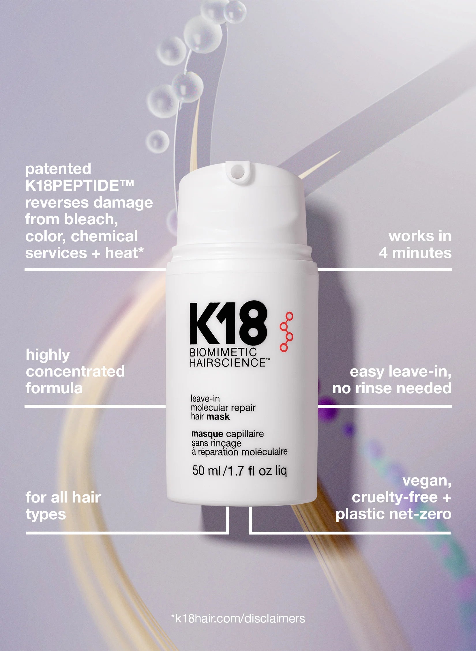 K18 Leave-In Repair Hair Mask Treatment to Repair Dry or Damaged Hair